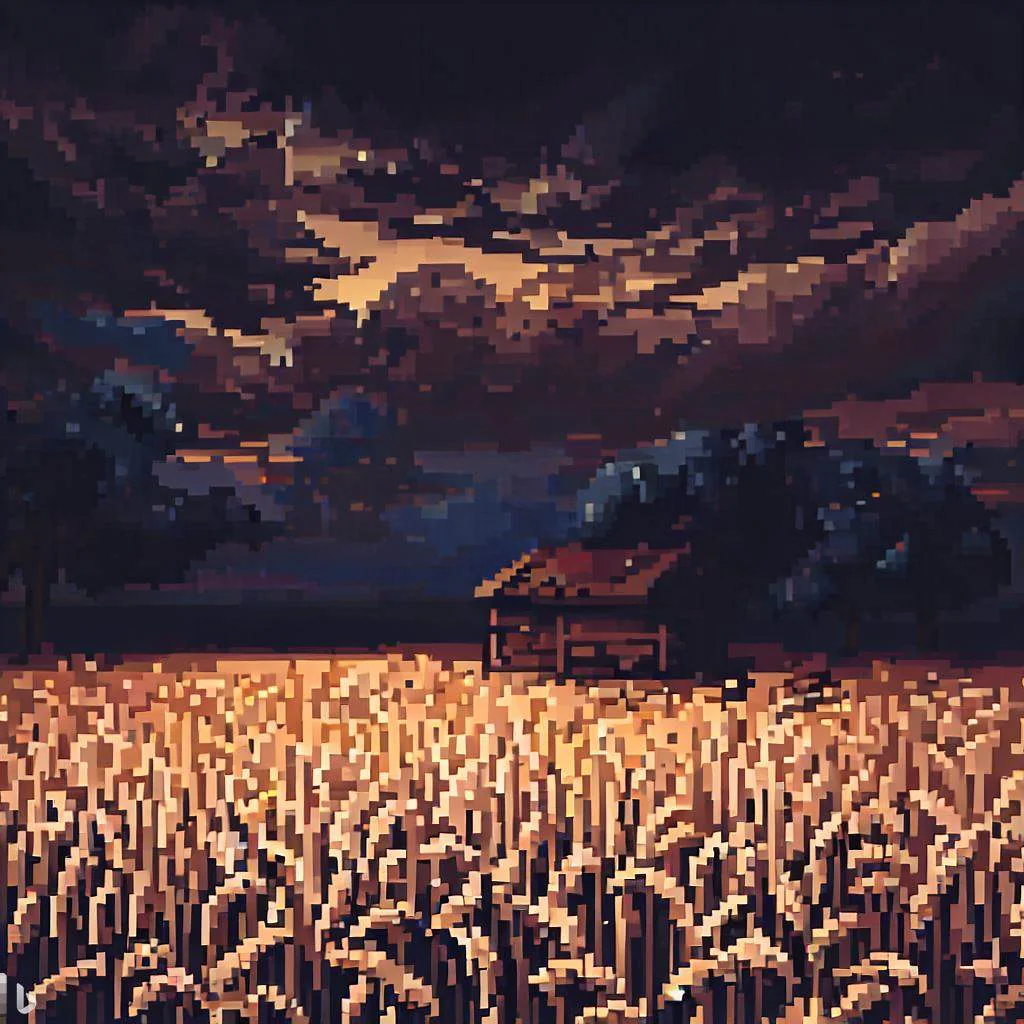 Pixel-Art einer abgelegenen Hütte in einem Weizenfeld bei Nacht